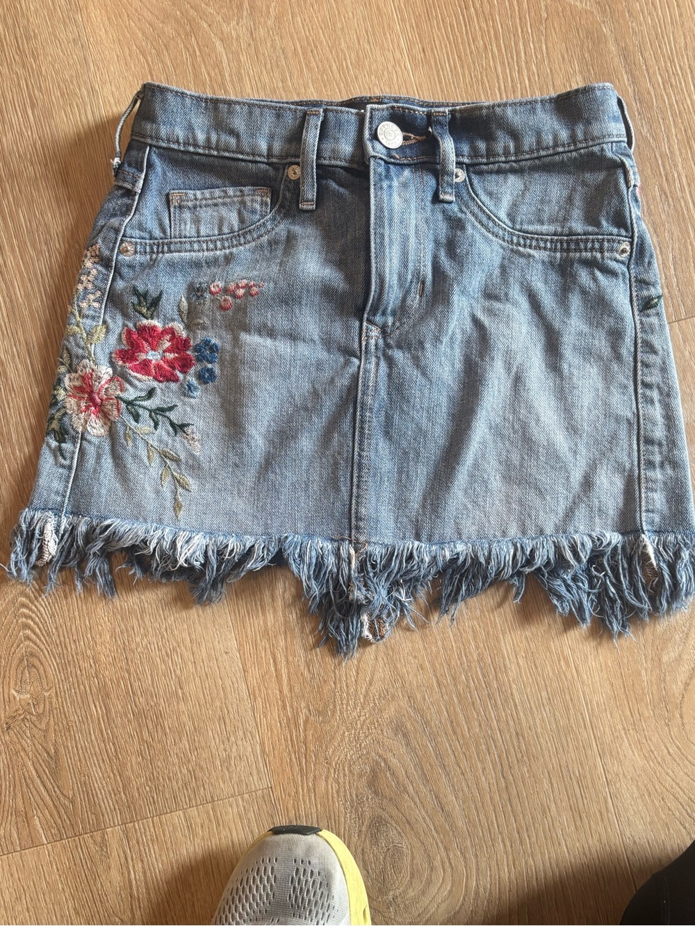 Express Light Blue Denim Mini Skirt with Floral Embroidery